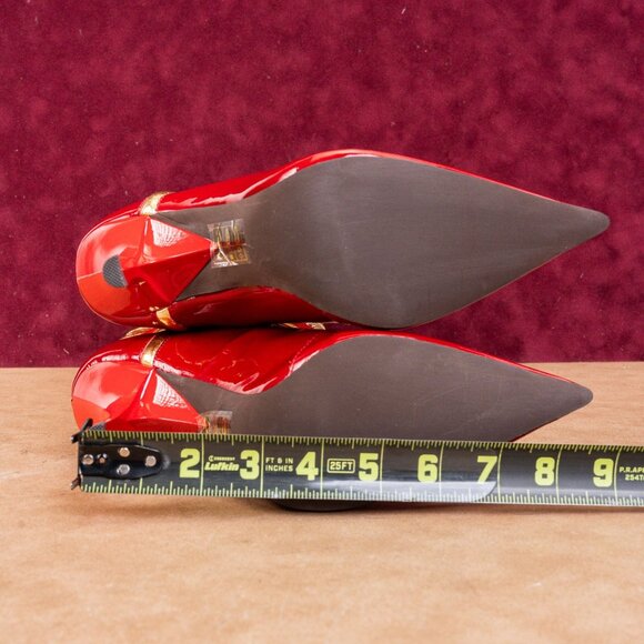 Jeffrey Campbell Business Red Patent Leather Suede Gold Knee High Boots sz7 - Picture 5 of 9